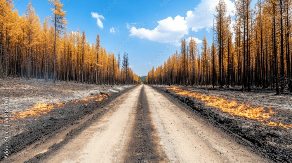 A straight dirt road with flames burning on both sides, leading through a forest with golden trees, showing wildfire destruction and dramatic contrast. A straight dirt road with flames burning on both sides, leading through a forest with golden trees, showing wildfire destruction and dramatic contrast.