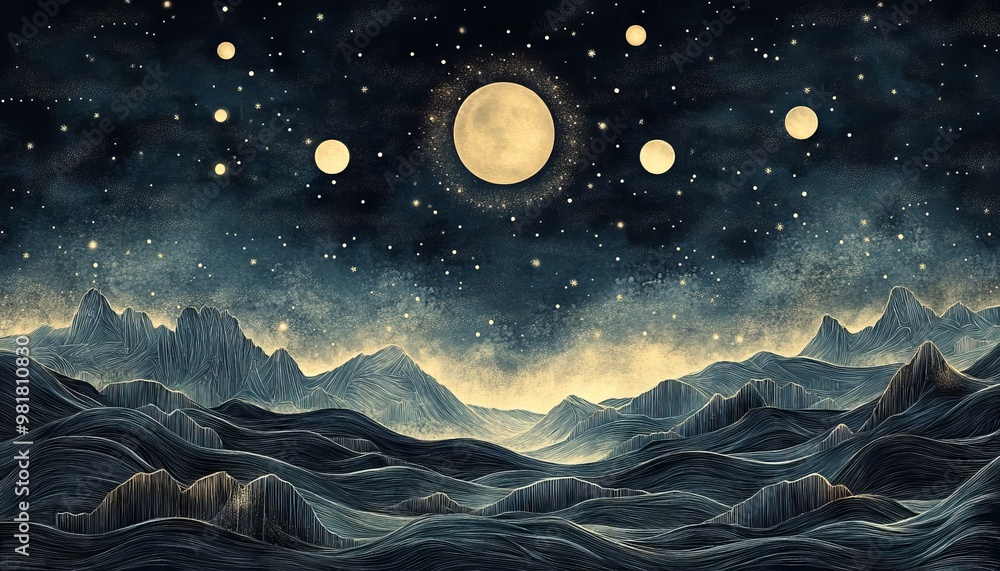 Ethereal lunar landscape: a starry night with mountains and glowing moons Ethereal lunar landscape: a starry night with mountains and glowing moons