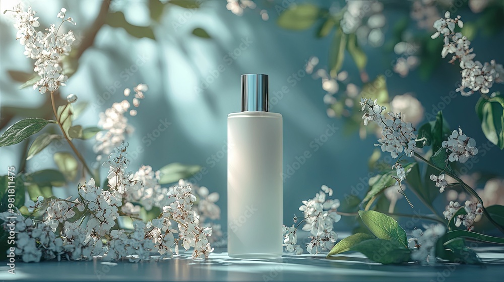 A frosted glass bottle of perfume with white blossoms and green leaves on a blue background A frosted glass bottle of perfume with white blossoms and green leaves on a blue background