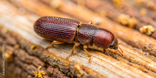 Close-up of European spruce bark beetle on tree trunk, beetle, pest, infestation, forestry, insect, wood, bark, damage, forest