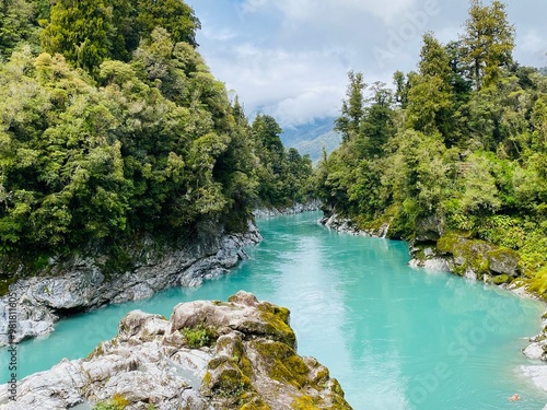 Turquoise water at Hokitika Gorge along Hokitika river, tourist attraction in Hokitika , West Coast, South Island, New Zealand  photo