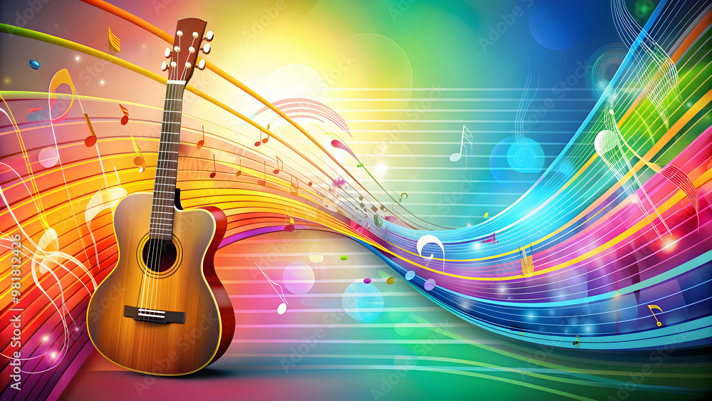 Fototapeta premium Colorful background with guitar and music staff, guitar, music, staff, colorful, background, musical, instrument, notes