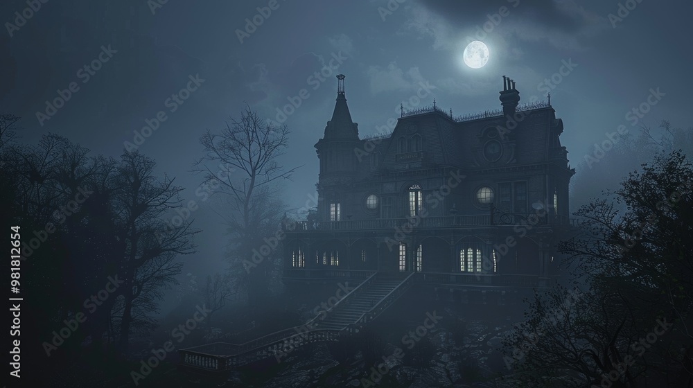 Haunting Gothic Mansion Overlooking Mysterious Forest at Moonlit Night Haunting Gothic Mansion Overlooking Mysterious Forest at Moonlit Night