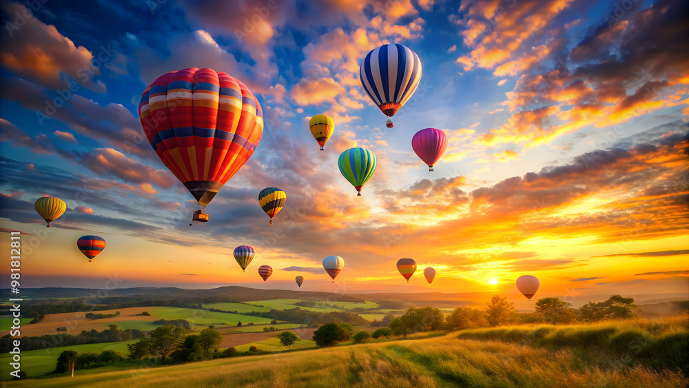 Naklejka premium Beautiful landscape with hot air balloons flying over colorful sky at sunset, sunset, landscape, hot air balloons, flying