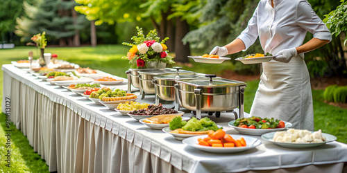 Catering service setting up outdoor buffet at event, outdoor, catering, service, buffet, food, party, event, celebration