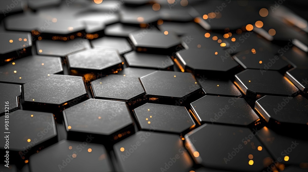 Black Hexagonal Surface with Glowing Particles Black Hexagonal Surface with Glowing Particles
