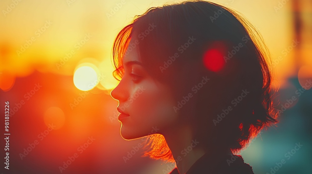 A Woman's Profile Silhouetted Against a Vibrant Sunset A Woman's Profile Silhouetted Against a Vibrant Sunset
