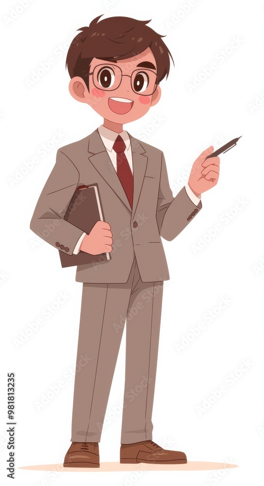 An Asian businessman with a smiling face, holding a pen and book, pointing to the side in a simple illustration style, perfect for an avatar or profile picture An Asian businessman with a smiling face, holding a pen and book, pointing to the side in a simple illustration style, perfect for an avatar or profile picture