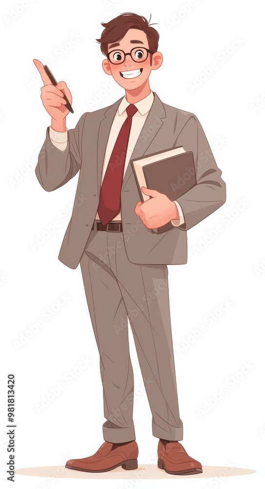 An Asian businessman with a smiling face, holding a pen and book, pointing to the side in a simple illustration style, perfect for an avatar or profile picture An Asian businessman with a smiling face, holding a pen and book, pointing to the side in a simple illustration style, perfect for an avatar or profile picture