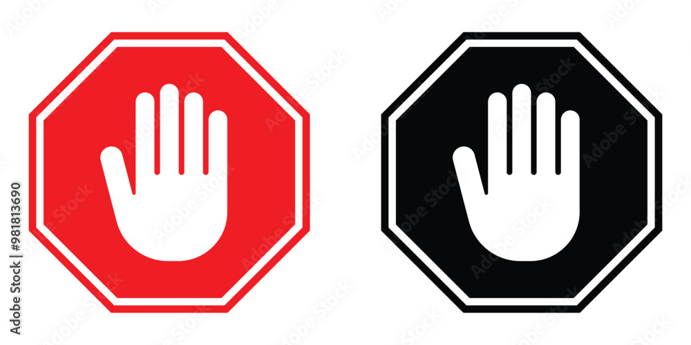 Stop hand sign. Black and red vector icon set. Forbidding sign with hand. No entry. Prohibited warning octagon symbol. Stop hand sign. Black and red vector icon set. Forbidding sign with hand. No entry. Prohibited warning octagon symbol.
