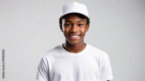 Black teenage boy wearing white t-shirt and white baseball cap isolated on grey background