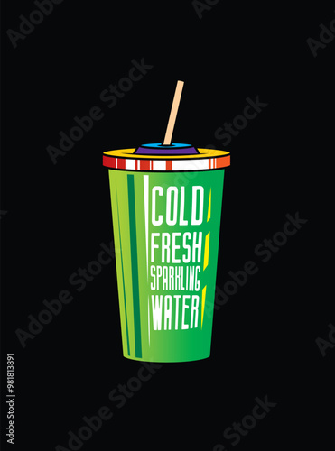 Fast food plastic cup with straw. Hot or cold drink. Original vector illustration in vintage style.