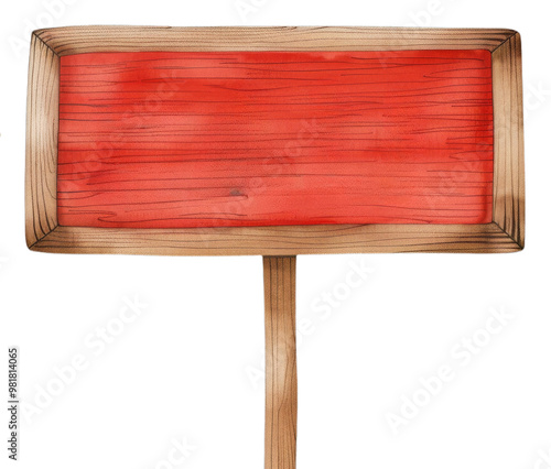 Wooden signboard with a red blank sign, isolated on white background. Ideal for messages, announcements, promotions, and decoration.