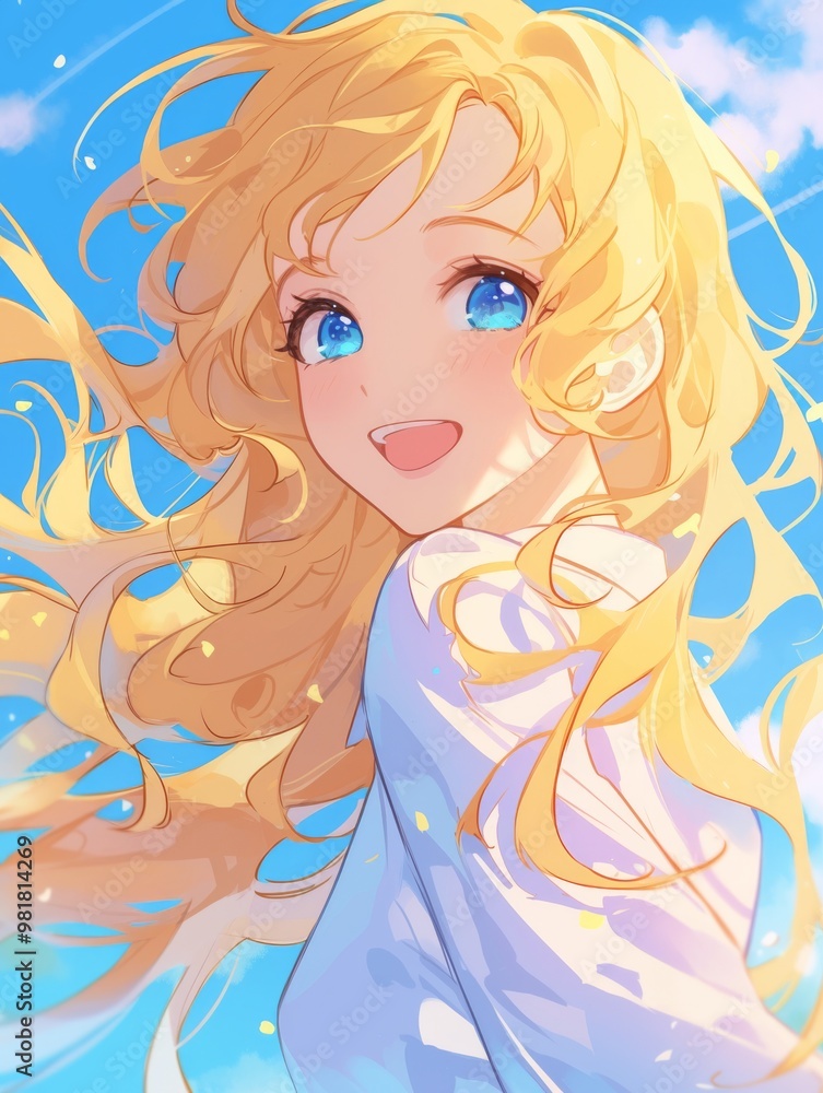 Beautiful girl with golden hair and blue eyes smiling in the wind, set against a vibrant blue background with white clouds. Beautiful girl with golden hair and blue eyes smiling in the wind, set against a vibrant blue background with white clouds.