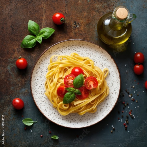 Italian cuisine, pasta dish, fettuccine, fresh tomatoes, basil leaves, olive oil, rustic table, overhead view, vibrant colors, food photography, light and airy, white ceramic plate, scattered ingredie photo