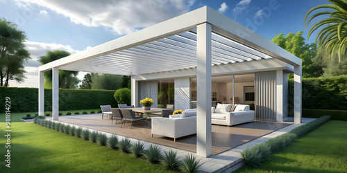 Modern white house with a bioclimatic veranda or pergola for outdoor living space , modern, white, house