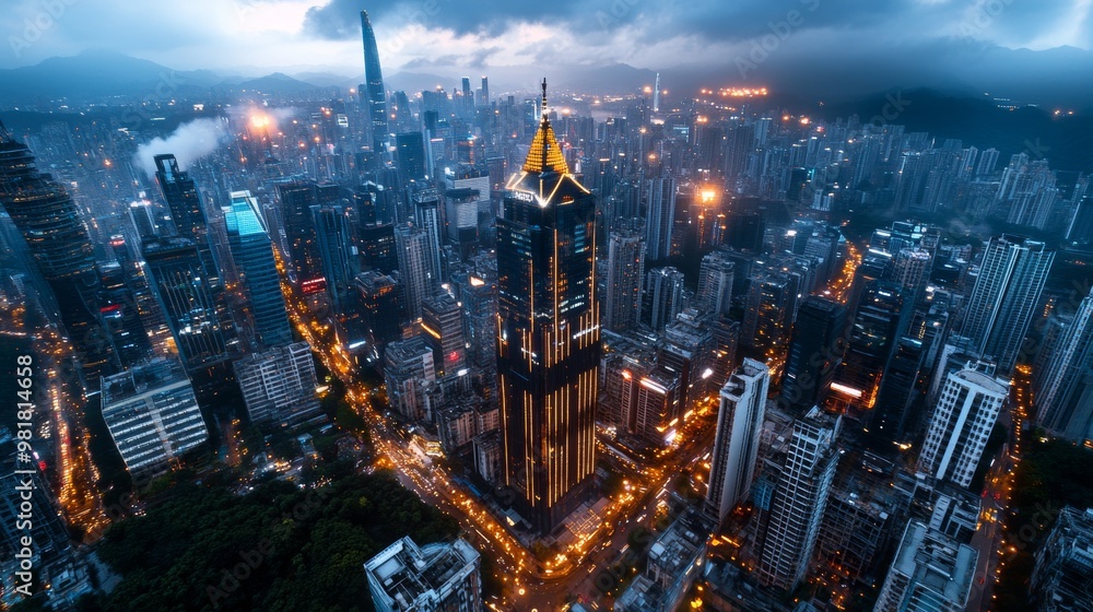 Fototapeta premium Aerial View of Modern City Skyline with Skyscrapers at Night