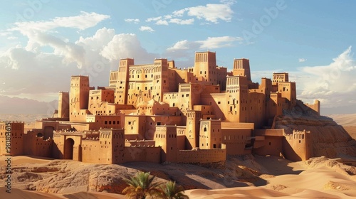 Impressive Ancient Desert Fortress Nestled in Dramatic Arabian Landscape at Sunset photo