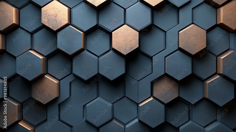 Abstract Geometric Pattern of Hexagonal Shapes in Blue and Copper Abstract Geometric Pattern of Hexagonal Shapes in Blue and Copper