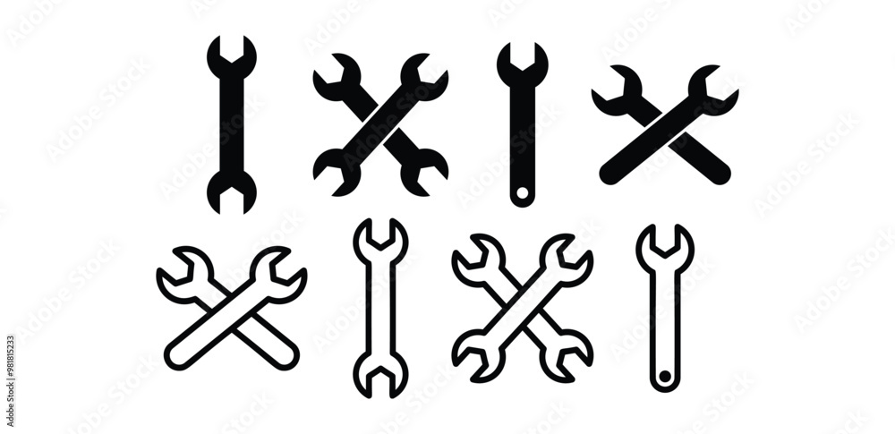set of wrench tool crossed icon symbol sign vector design simple outline and black fill illustration isolated set of wrench tool crossed icon symbol sign vector design simple outline and black fill illustration isolated