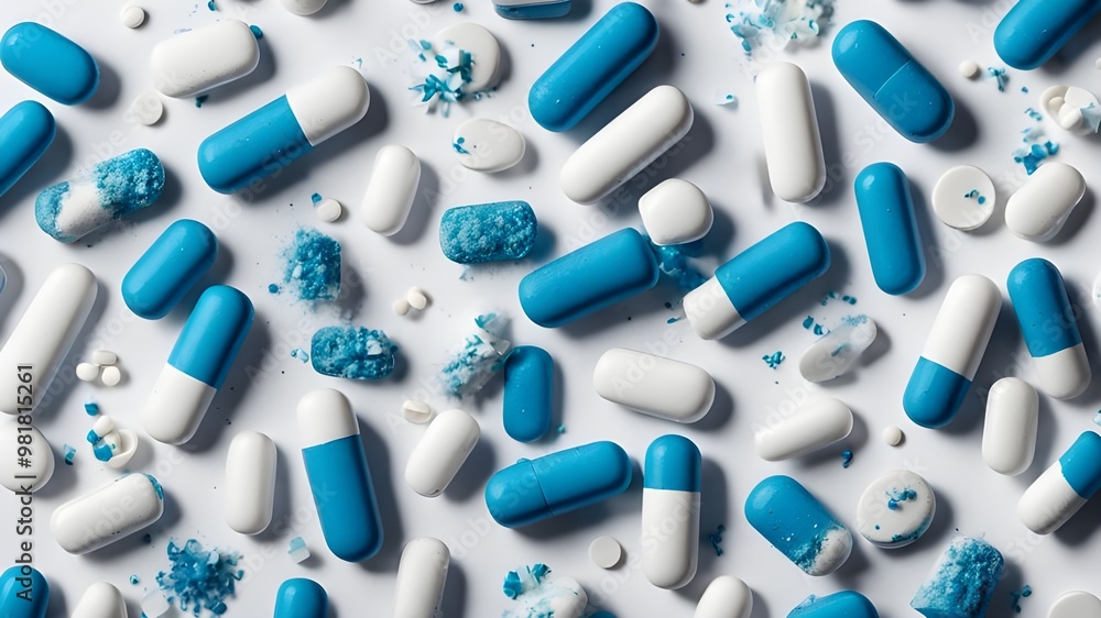 a group of blue and white pills on a white background with blue and white sprinkles surrounding them a group of blue and white pills on a white background with blue and white sprinkles surrounding them