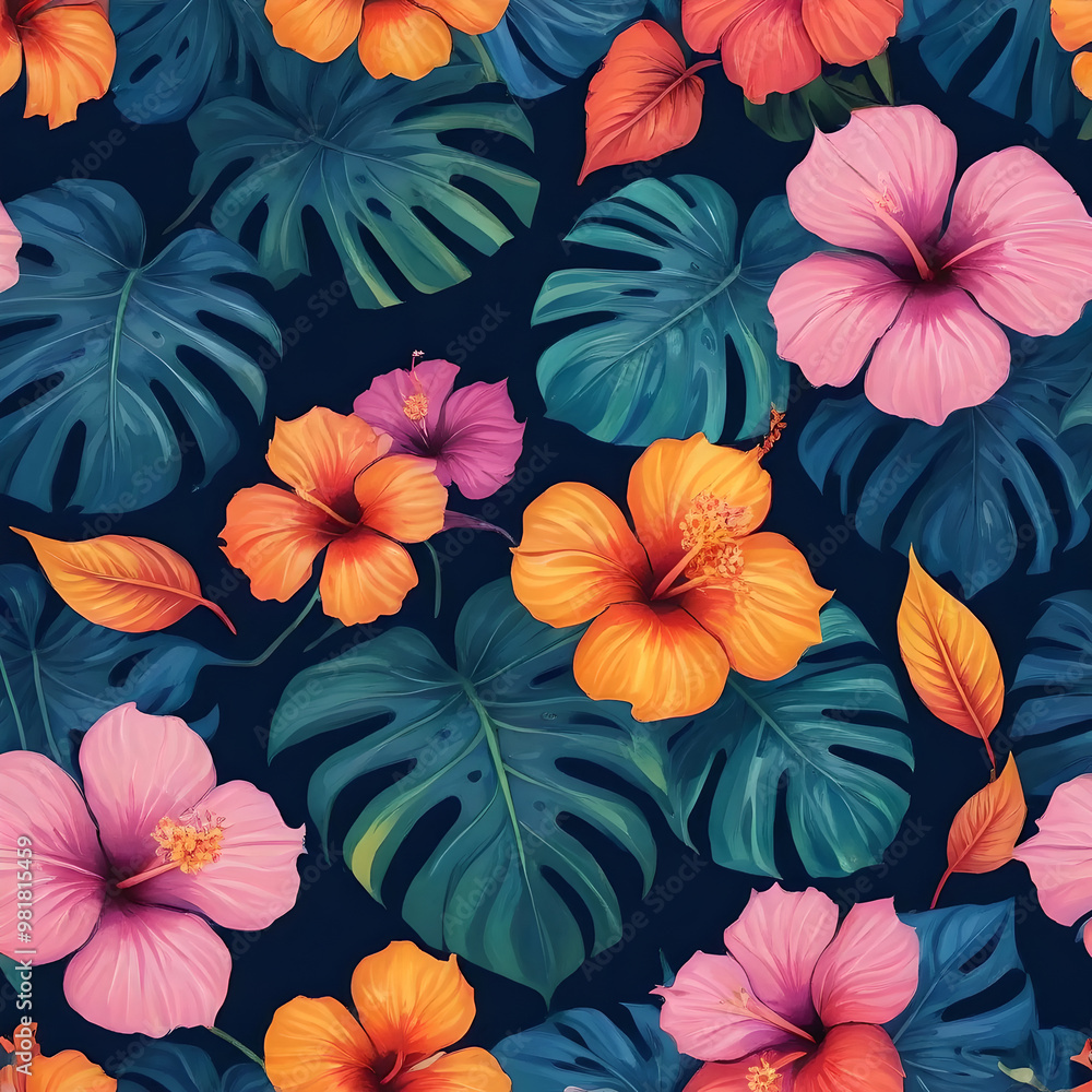Seamless tropical pattern with lush monstera leaves and hibiscus flowers in vibrant shades of pink, orange, and yellow on a deep midnight blue background Seamless tropical pattern with lush monstera leaves and hibiscus flowers in vibrant shades of pink, orange, and yellow on a deep midnight blue background