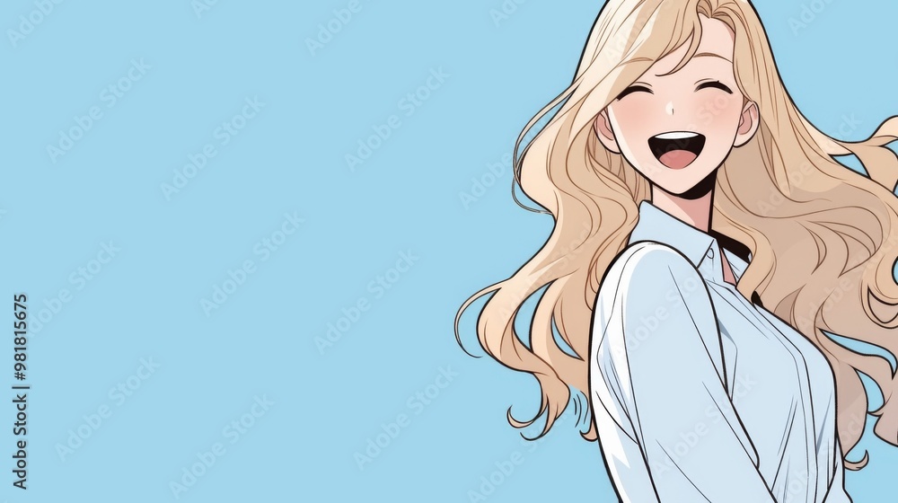 A simple drawing of anime girls with long blonde hair, smiling and laughing while wearing pastel blue shirts A simple drawing of anime girls with long blonde hair, smiling and laughing while wearing pastel blue shirts