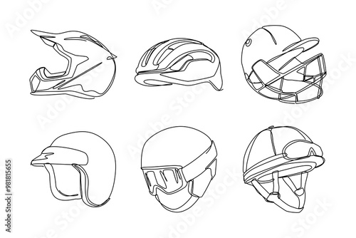 Set continuous one line drawing of sports helmet. Motocross, bicycle, cricket, motorcycle, ski, jockey helmet. Editable stroke. Vector illustration