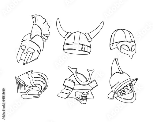Set continuous one line drawing of medieval vintage helmet. Spartan, viking, knight, kabuto, gladiator helmet. Editable stroke. Vector illustration