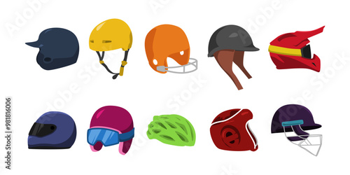 Set of sport helmet with flat cartoon style. Baseball, skate, american football, jockey, motocross, motorbike, ski, bike, head guard, and cricket helmet. Vector illustration.