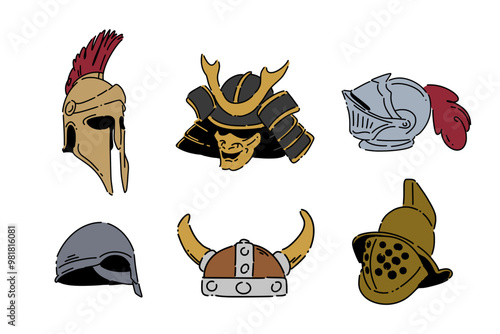 Set colored line drawing of medieval helmet. Spartan, samurai kabuto, knight, viking, gladiator helmet. Isolated on white background. Vector illustration.