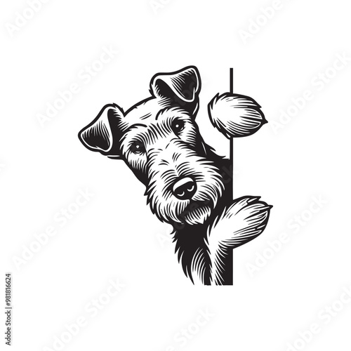 Airedale Terrier Dog Peeking Face Clipart -  Peeking Dog Vector illustration in black and white
