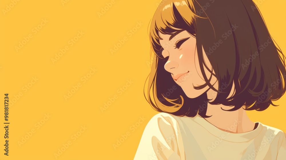 Cheerful anime girl enjoying a sunny day in a minimalist style, featuring a bright and joyful atmosphere with ample copy space for your creative needs. Cheerful anime girl enjoying a sunny day in a minimalist style, featuring a bright and joyful atmosphere with ample copy space for your creative needs.