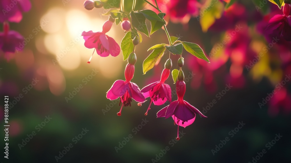 Φωτογραφία Fuchsia flowers in vibrant pink hues, bathed in the warm glow of the setting sun, symbolizing beauty, fragility, joy, and the passing of time
