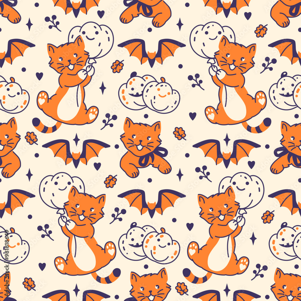 Obraz premium Fun Halloween vector seamless pattern featuring naughty kittens and funny pumpkins. Perfect for festive designs, textiles, and crafts. Hand-drawn playful wallpaper. Spooky charm and whimsy background