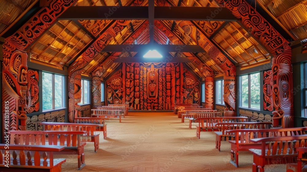 Obraz premium Ornate Wooden Church Interior with Altar and Pews in Rural Landscape