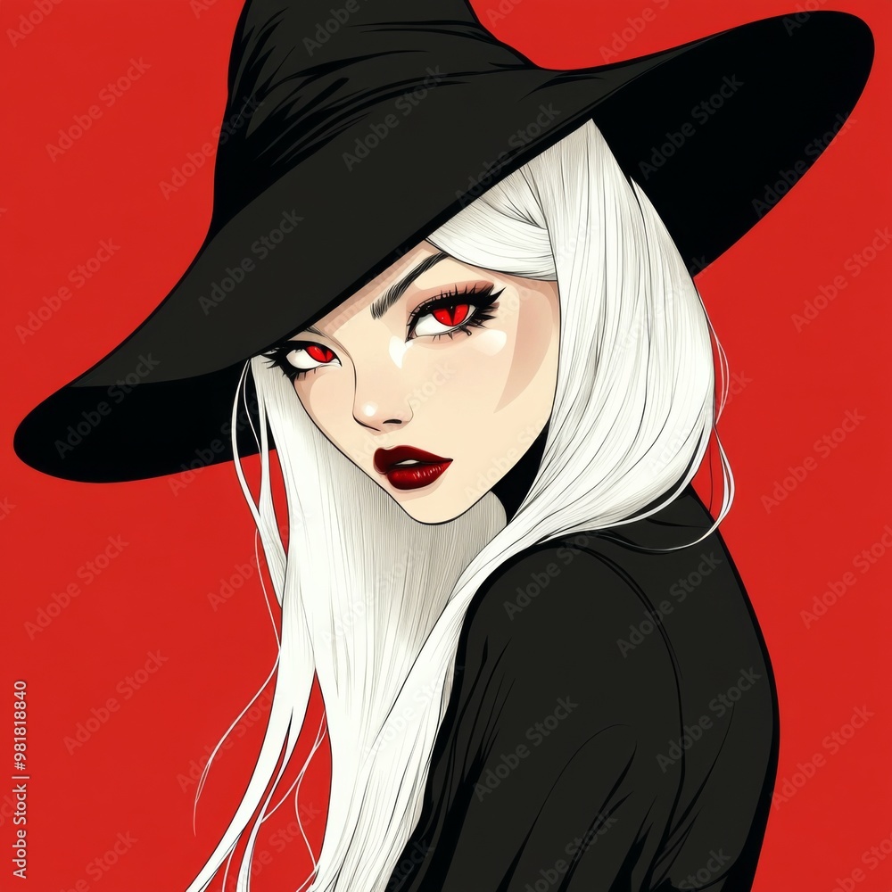A pretty young vampire witch with white hair and red eyes, announcing a Halloween party in a hand-drawn retro anime style, featuring minimalist design and ample copy space for invitations A pretty young vampire witch with white hair and red eyes, announcing a Halloween party in a hand-drawn retro anime style, featuring minimalist design and ample copy space for invitations