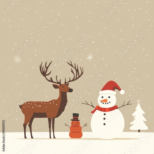 A minimalist yet charming scene with Santa's elk and a snowman. The elk has a majestic stance with its antlers standing out. The snowman is built with care, having a carrot nose and coal eyes. 