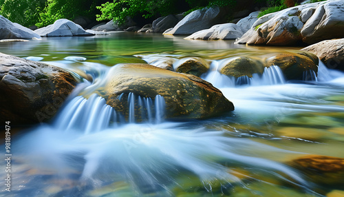 A serene scene with clear water flowing between rocks. photo