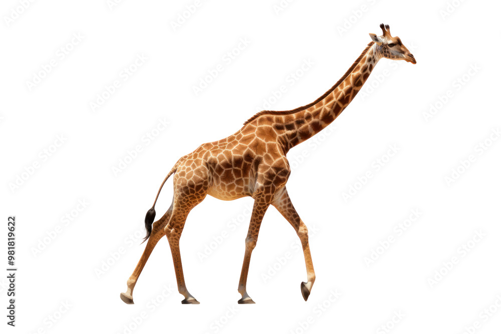 Fototapeta premium A full-body shot of a giraffe standing tall, highlighting its long legs and neck isolated on white background