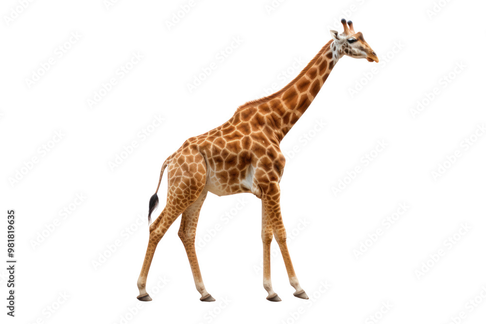 A full-body shot of a giraffe standing tall, highlighting its long legs and neck isolated on white background A full-body shot of a giraffe standing tall, highlighting its long legs and neck isolated on white background