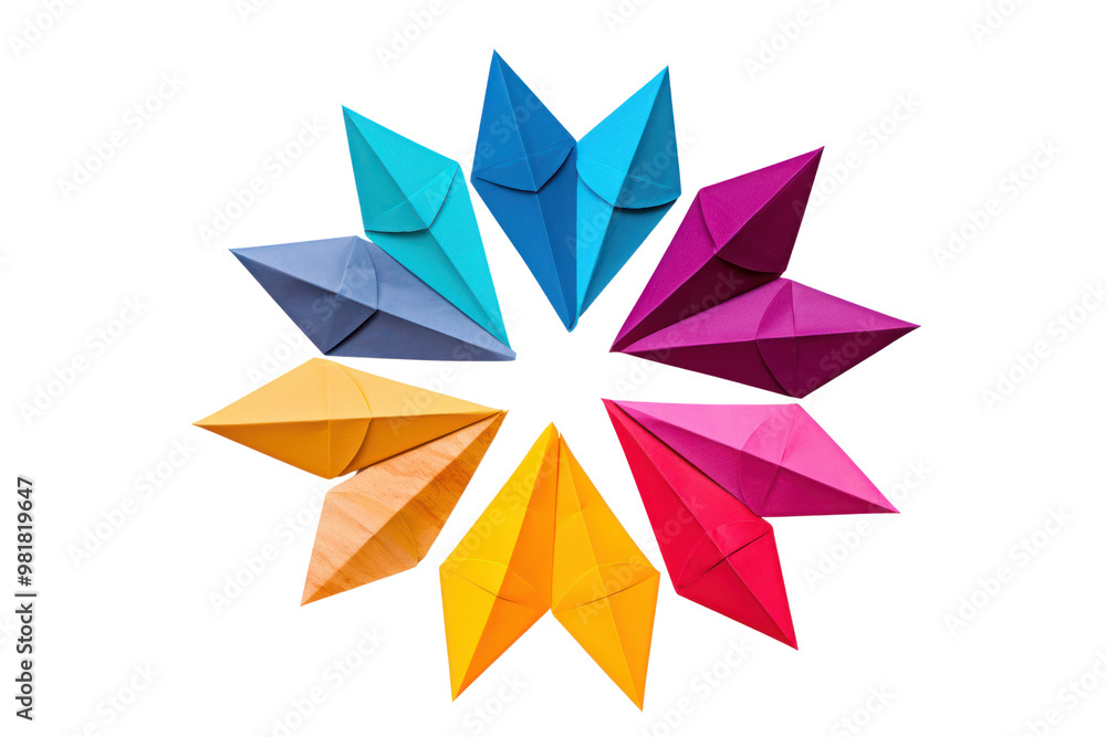 A group of colorful paper airplanes arranged in a fan shape, ready for flight isolated on white background A group of colorful paper airplanes arranged in a fan shape, ready for flight isolated on white background