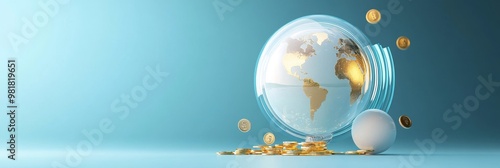 A globe encased in glass with coins spilling out, symbolizing the impact of global economic trends on the world, interconnectedness, investment, financial markets, and globalization. photo