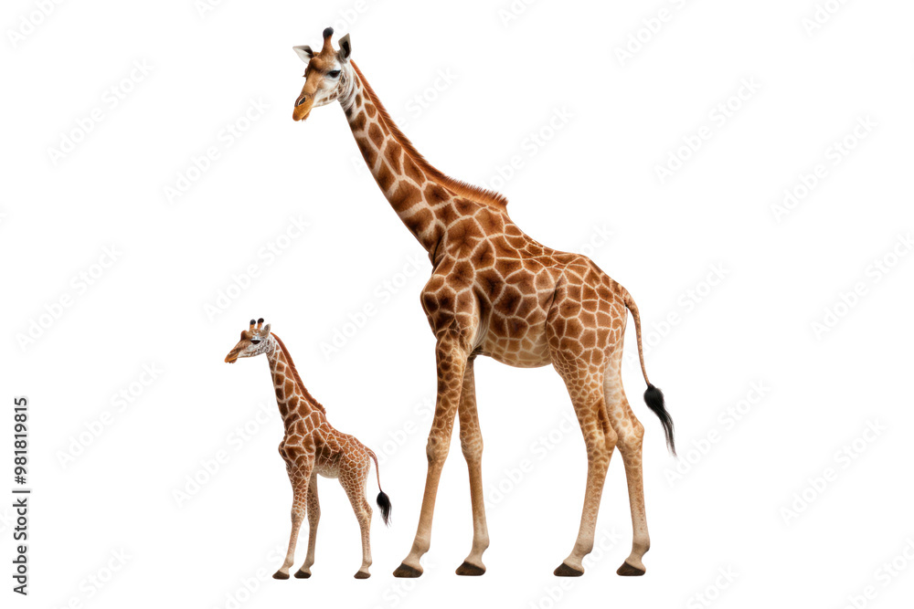 Fototapeta premium A full-body shot of a giraffe standing tall, highlighting its long legs and neck isolated on white background