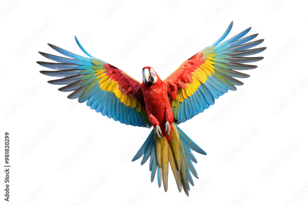 Fototapeta premium A flying macaw mid-air, with its wings fully extended, showing off the dynamic motion and vibrant colors of its feathers isolated on white background