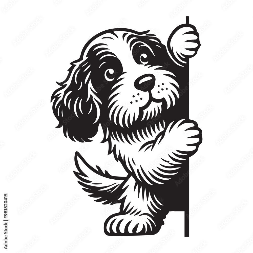 Fototapeta premium Clumber Spaniel Dog Peeking Face Clipart - Peeking Dog Vector illustration in black and white 