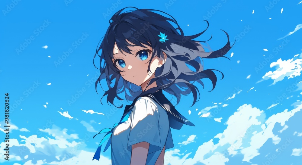 A girl in a white school uniform with blue eyes and shoulder-length black hair standing under a clear blue sky, embodying youth and innocence in a serene outdoor setting. A girl in a white school uniform with blue eyes and shoulder-length black hair standing under a clear blue sky, embodying youth and innocence in a serene outdoor setting.