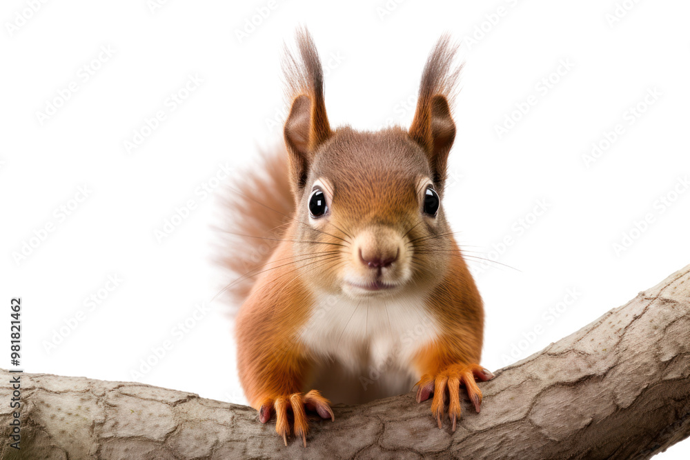 Fototapeta premium A curious red squirrel perched on a tree branch, its bushy tail elegantly fanned out, with bright eyes and alert posture, isolated on white background