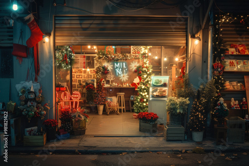 A warmly lit Christmas shop entrance beautifully adorned with festive decorations, wreaths, and lights, inviting holiday spirit.