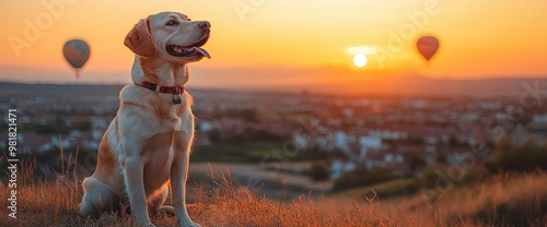 Golden Retriever Watching Hot Air Balloons at Sunset